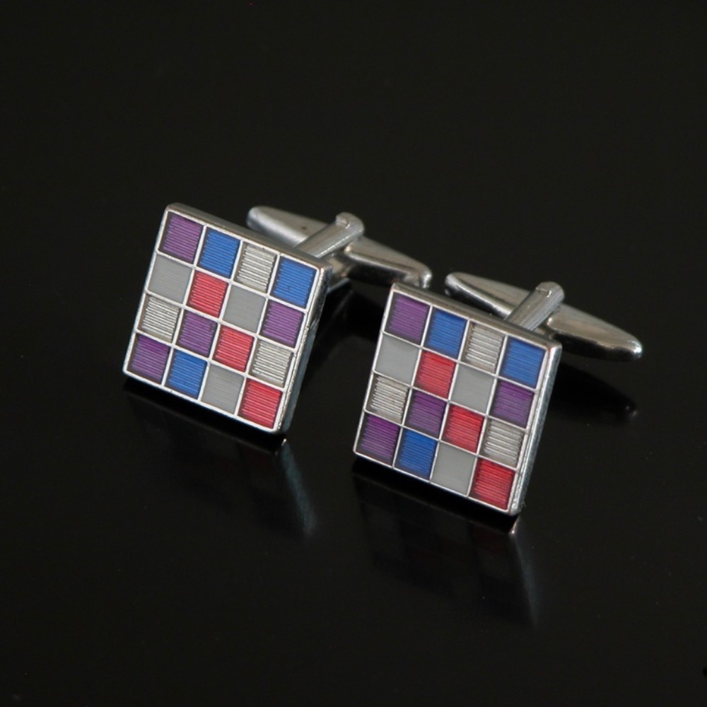 Multi-Colored Checkered Silver Tone Cufflinks - image 2